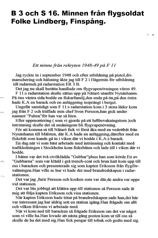 B 3 och S 16. Minnen från flygsoldat Folke Lindberg, Finspång.