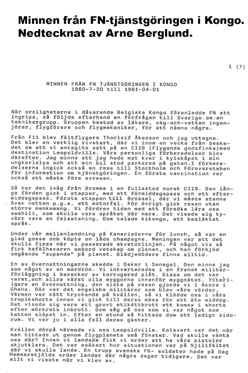 Minnen från FN-tjänstgöringen i Kongo. Nedtecknat av Arne Berglund