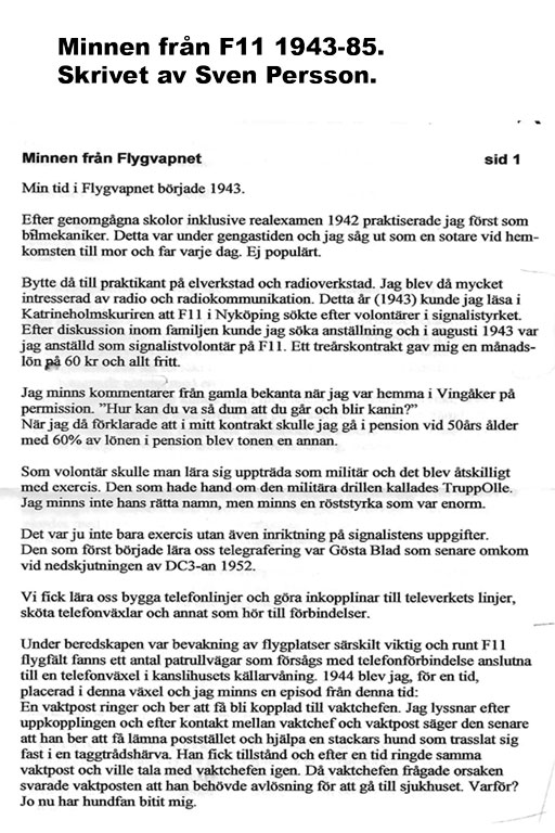 Minnen från F11 1943-85. Skrivet av Sven Persson.