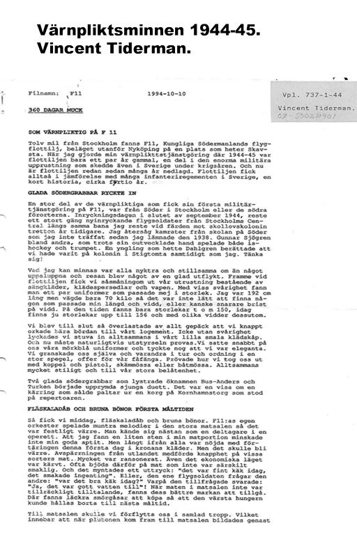 Värnpliktsminnen 1944-45. Vincent Tiderman.