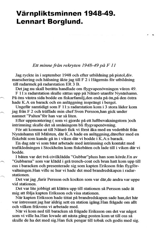Värnpliktsminnen 1948-49. Lennart Borglund.